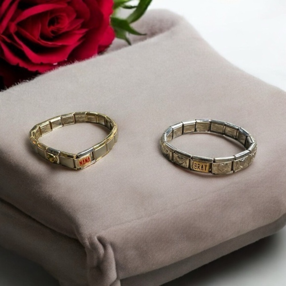 Italian charm bracelet one silver and one gold tone couple charms on each T-B